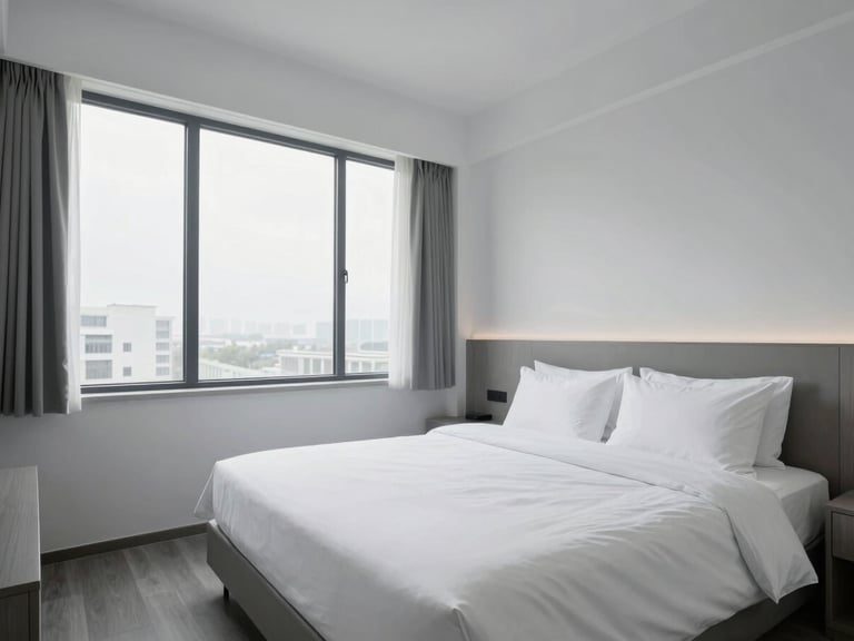 An empty, pristine hotel room with crisp white linens and clean architectural lines, cool daylight streaming through a large window.