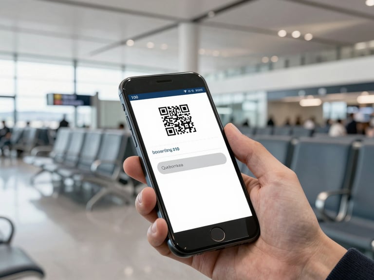Close-up of a hand holding a smartphone displaying a clean digital boarding pass with a QR code, modern airport gate seats blurred in the background, cool slate tones.