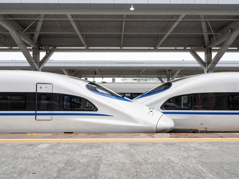 Symmetrical architectural shot of a high-speed train waiting at a modern concrete platform under a geometric steel canopy, crisp daylight, sharp focus.
