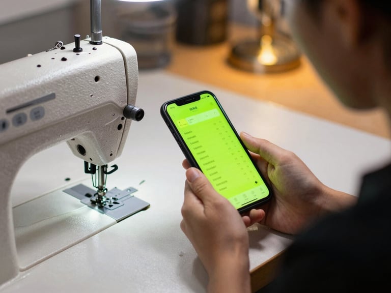 Over-the-shoulder shot of a seamstress operating a sewing machine, holding a smartphone with a bright neon green interface showing production metrics, warm workshop background blur, industrial tech photography, high contrast workshop lighting, vibrant screen glow.