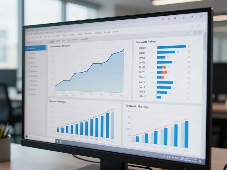 Close-up of a Power BI dashboard on a large monitor showing financial KPIs—revenue curves, margin breakdowns, budget vs. actuals—displayed in a modern open-plan Abidjan office, cool daylight from floor-to-ceiling windows, screen detail sharp and legible