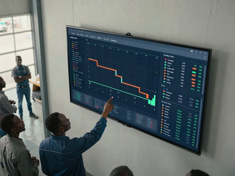 Overhead view of a warehouse operations center in West Africa, a team member pointing at a large wall-mounted screen showing supply chain metrics and inventory heatmaps, natural daylight, cool tones, data labels clearly visible on screen