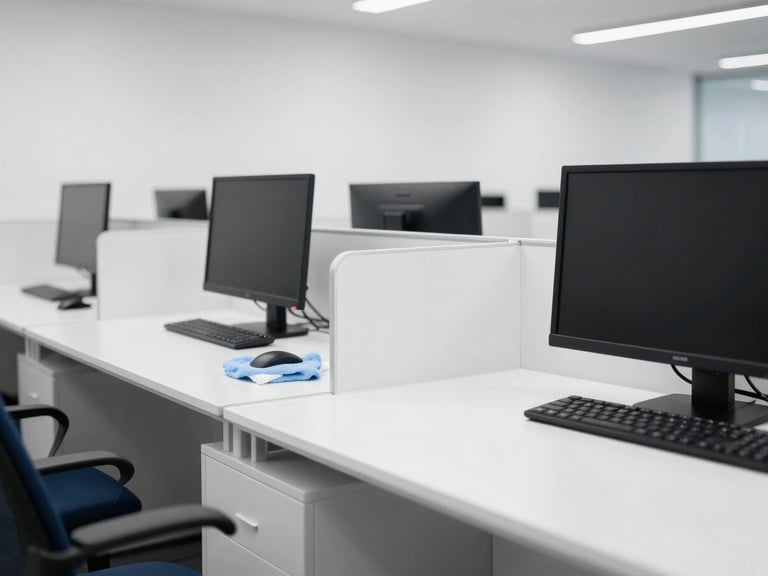 Clean, minimalist office space with polished desks and monitors, a cleaner subtly wiping a surface, bright overhead lighting, professional and tidy