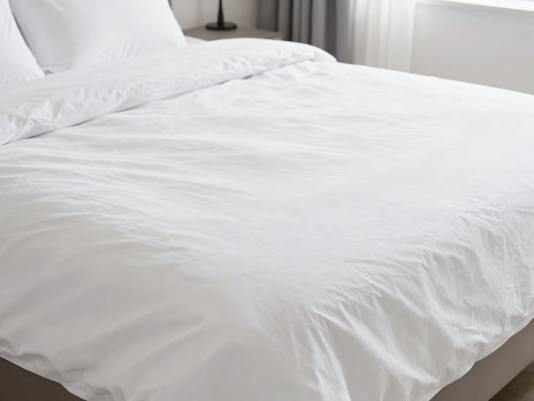 Freshly made bed with crisp white linens in a bright, modern Airbnb bedroom, a cleaner smoothing the duvet, high-key natural light, inviting and clean