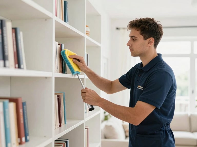 A professional cleaner in neat branded attire carefully dusting a clean, modern bookshelf in a residential living room, bright natural light, sharp focus