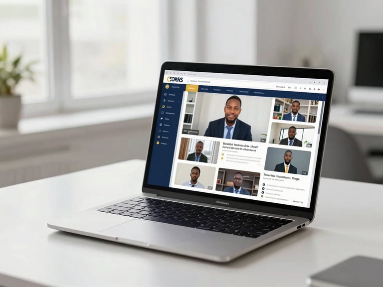 Ordinateur portable moderne ouvert sur une plateforme de cours en ligne épurée, affichant des modules vidéo de formation, éclairage naturel.