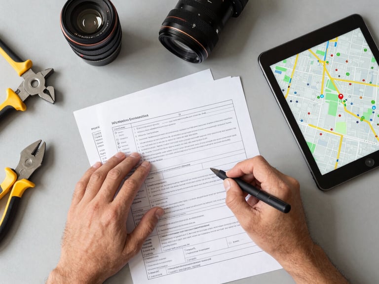 Top-down flat lay of work tools on a clean grey desk, hands organizing physical documents and a tablet showing a local map pin, bright neutral daylight.