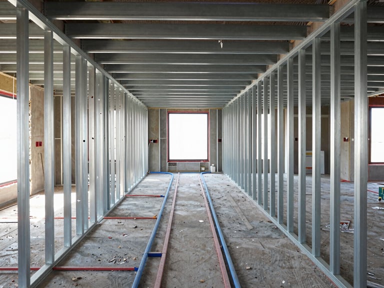 Symmetrical straight-on shot of a modern residential interior under construction, showing neat metal drywall framing, organized blue and red conduit pipes, bright natural daylight, clean workspace.