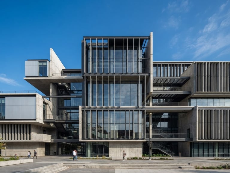 Crisp architectural photography of a modern steel and concrete building structure under bright daylight, clean lines, blue sky