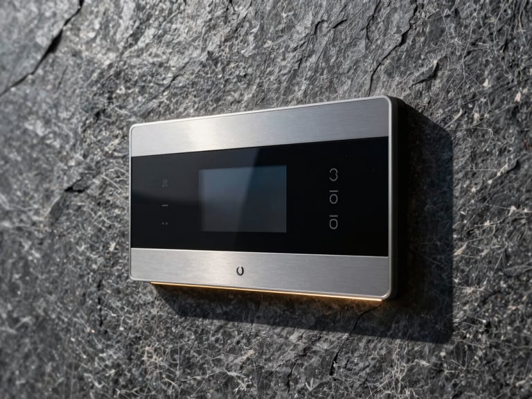 Macro detail shot of high-end architectural finishes, a sleek smart home touch panel integrated into a textured dark slate wall, subtle warm LED accent lighting, crisp focus.