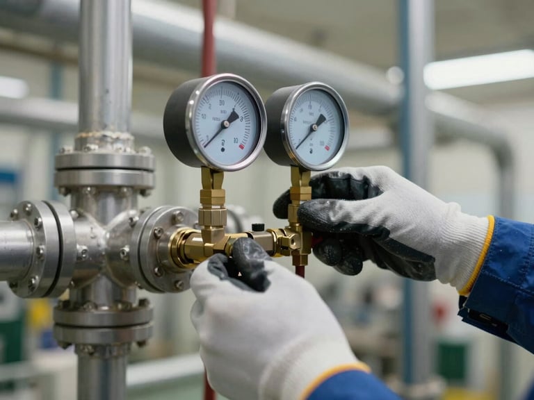 Close-up detail shot of a technician's gloved hands adjusting a pressure gauge on a chilled water pipe manifold inside a commercial plant room, neutral overhead facility lighting, insulated pipe runs visible in background, no faces shown