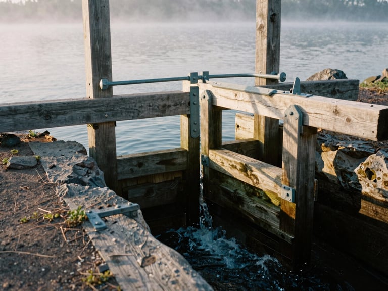 Close-up of a rustic timber water control gate with steel hardware, clear water flowing through, surrounded by natural rocks and earth.