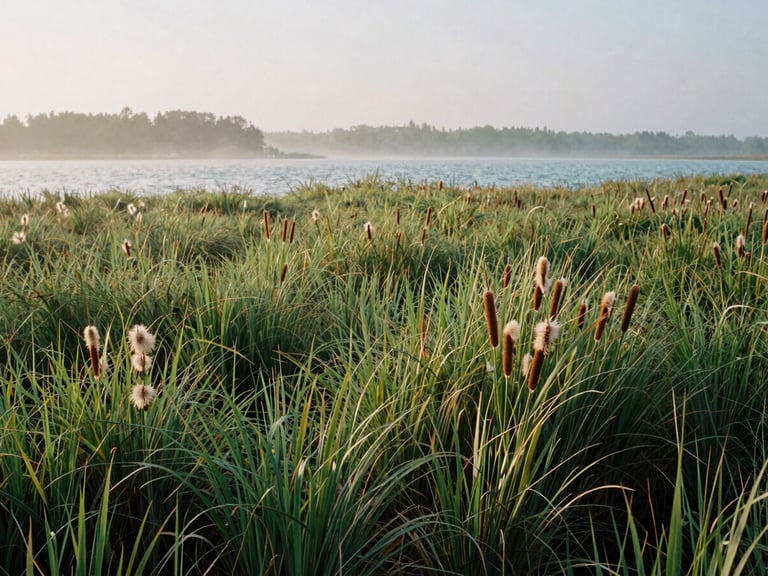 Wide shot of a lush green marsh edge with diverse native sedges and bullrushes, soft morning mist, natural documentary style.