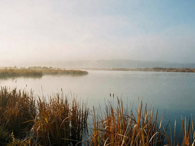 Wide panoramic view of a restored Utah wetland at dawn, low-hanging mist over calm water, native bullrushes in the foreground, soft overcast morning light, 35mm film look.
