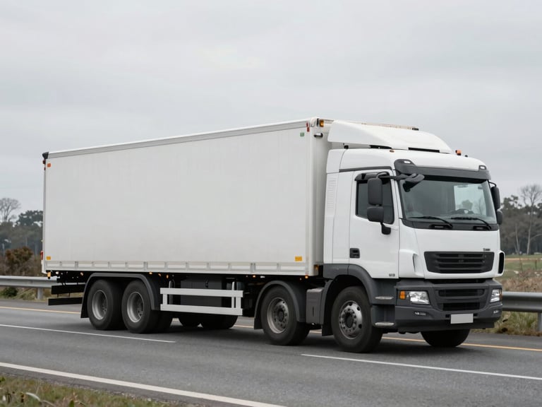 Branded commercial truck on a regional highway, crisp overcast daylight, desaturated industrial tones, sharp focus, 35mm lens