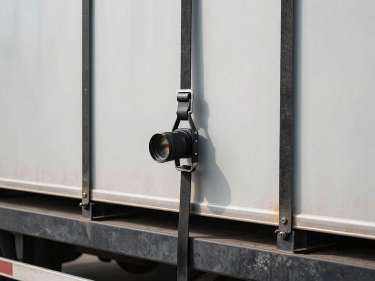 Secure cargo tie-downs on a flatbed trailer, crisp overcast daylight, desaturated industrial tones, sharp focus, 35mm lens