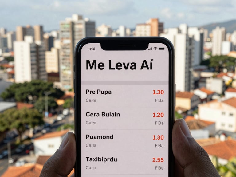 Close-up of a smartphone screen showing the Me Leva Aí app with fare details, blurred Brazilian cityscape in background, warm natural sunlight, 35mm