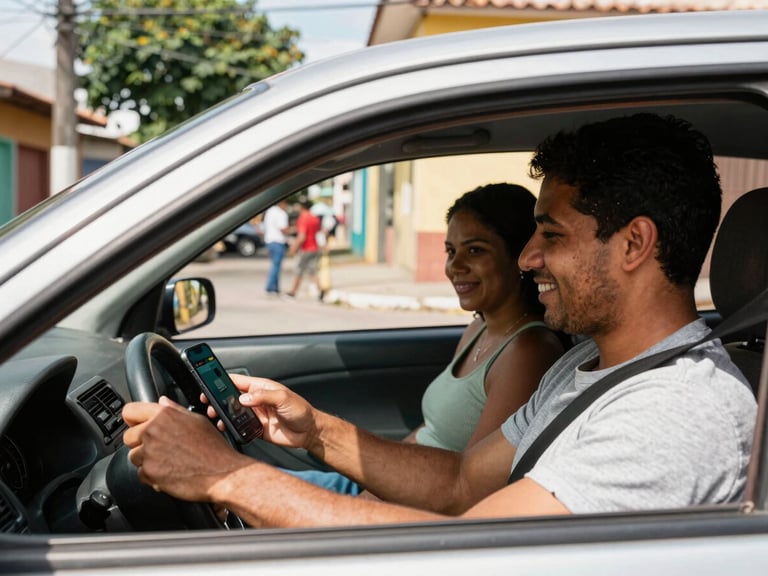 A Brazilian driver and a passenger interacting positively inside a car, app screen visible on phone, warm natural sunlight, 35mm