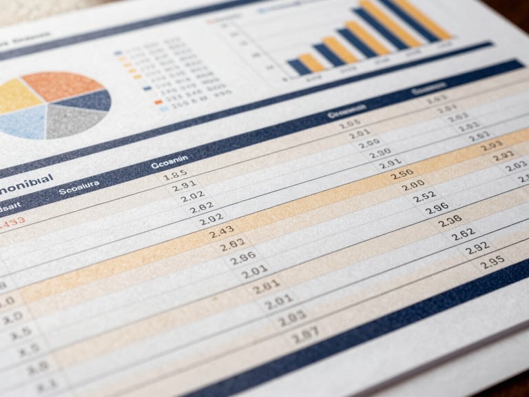 Close-up of a financial spreadsheet with charts and data, crisp natural daylight, sharp focus, deep navy and warm amber tones.