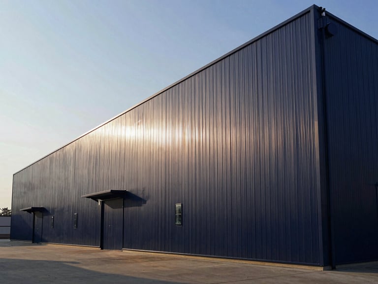 Wide-angle architectural shot of a modern industrial warehouse facade, strong shadows, crisp natural daylight, deep navy and warm amber tones.