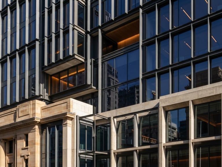 Architectural crop of a modern concrete and steel commercial facade in Sydney, sharp shadows, crisp natural daylight, wide-angle lens