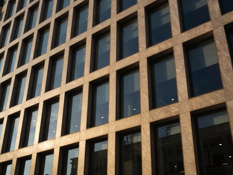 Modern office building facade, geometric lines, crisp natural daylight, strong shadows, deep navy and warm amber tones.