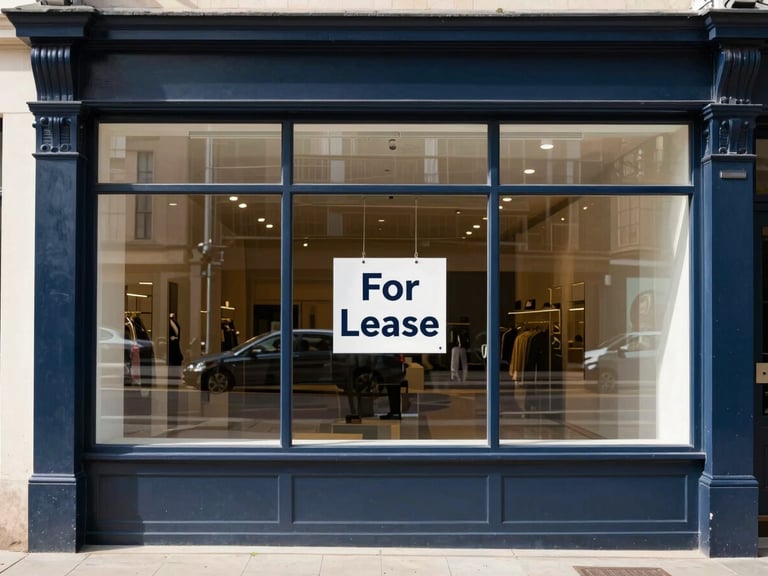Retail shopfront with a 'For Lease' sign, reflection of street in window, crisp natural daylight, deep navy and warm amber tones.