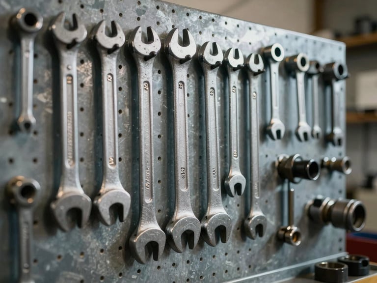 Close-up of a highly organized metal pegboard with heavy-duty wrenches and mechanical tools hanging in neat rows, industrial workshop environment, high contrast.