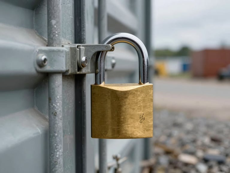 Close-up of a heavy-duty brass padlock securing a steel container door in a gravel yard under overcast daylight