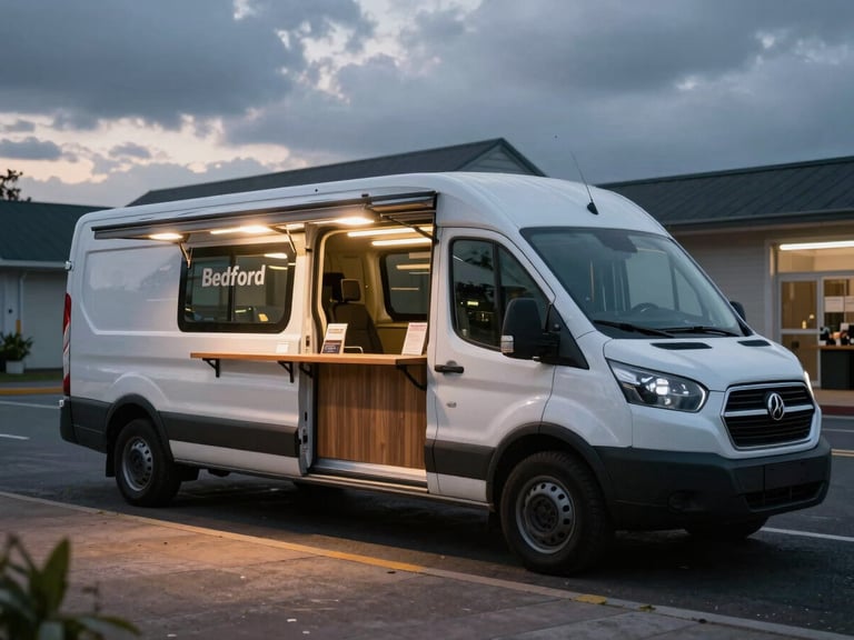 Wide environmental shot of a commercial transit van parked outside a rugged Bedford trade counter at dusk, stark security lighting casting sharp shadows, overcast sky.