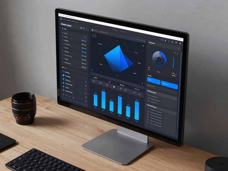 Overhead studio shot of a modern workspace with a high-fidelity UI mockup on a sleek display, showing real-time creative data readouts and cobalt accents.