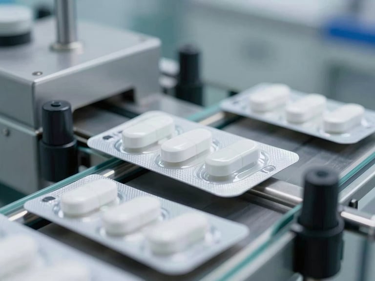 Macro shot of minimalist white medicine packaging moving on an automated conveyor belt in a sterile pharmaceutical facility, cool bright lighting