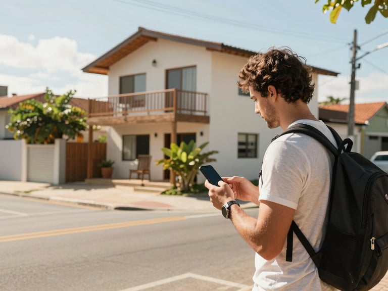 Candid editorial photo, warm daylight, a traveler standing on a sunny street in Ilhabela looking at a modern beach house while checking their phone, 35mm lens.