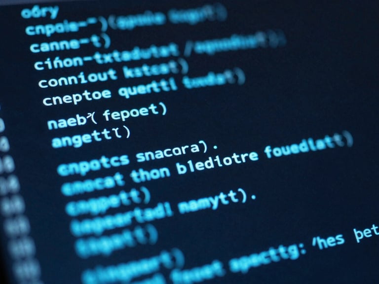 Macro close-up of a high-resolution terminal screen displaying complex code and glowing blue data topologies, sharp high-contrast cyan accents, 35mm