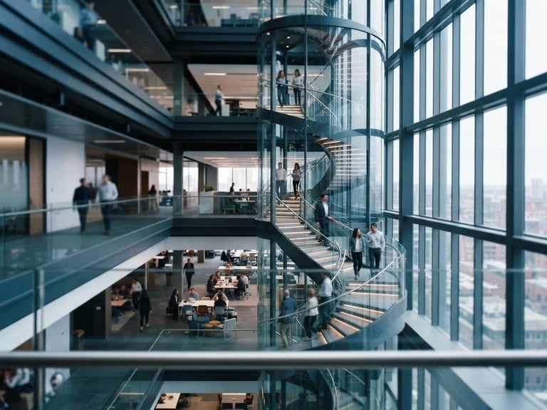 Crisp corporate architectural photography of a modern tech office atrium, cool blue and slate tones, natural window light, shallow depth of field, 35mm