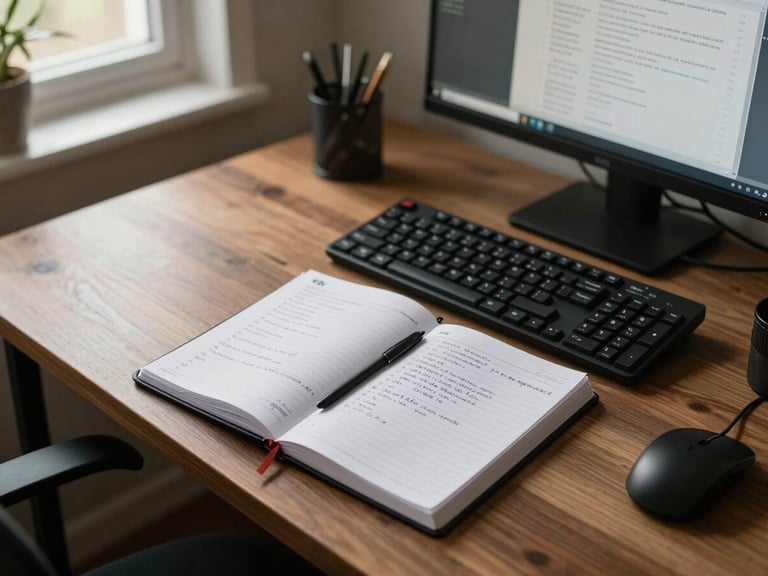 Close overhead shot of a VA's organized home desk — open planner with handwritten task notes, a mechanical keyboard, and a secondary screen displaying a structured document, warm natural window light from the upper left, real residential environment visible softly in background
