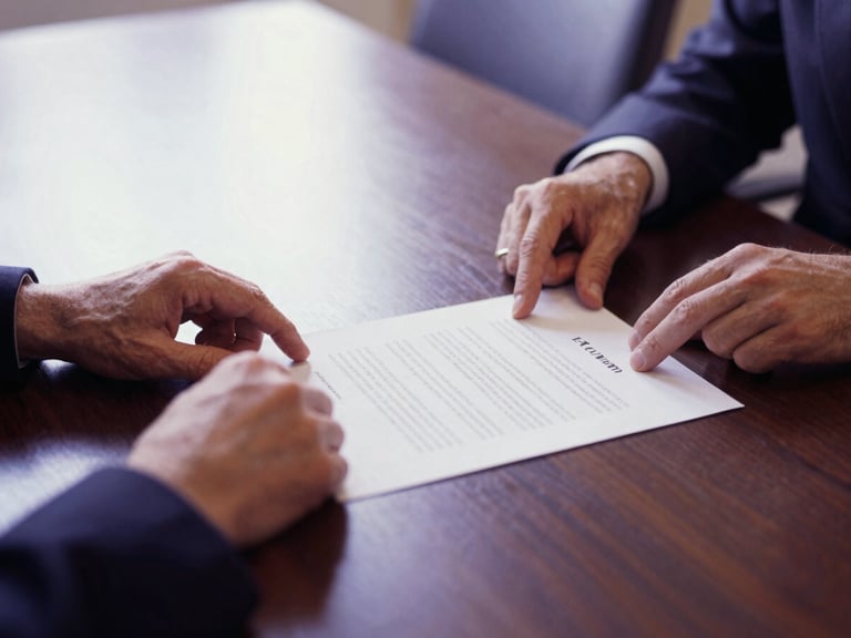 Hands gesturing over a physical contract document on a polished conference table, soft natural daylight, deep purple and warm parchment tones, shallow depth of field, 35mm