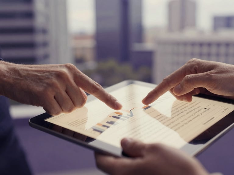 Close-up of hands reviewing a complex financial report on a tablet, with blurred modern office architecture in the background, soft natural daylight, deep purple and warm parchment tones, shallow depth of field, 35mm
