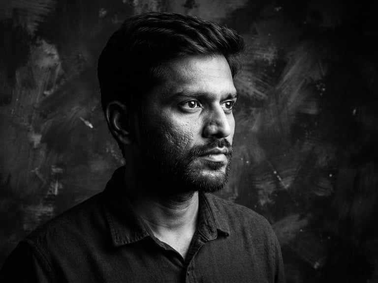 High-contrast monochrome studio portrait of Rahul, dramatic side lighting, textured brush background, desaturated warm tones, medium format film