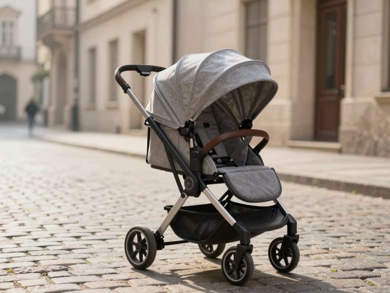 A premium modular baby stroller parked on a historic European cobblestone street, soft morning light, shallow depth of field, warm editorial photography