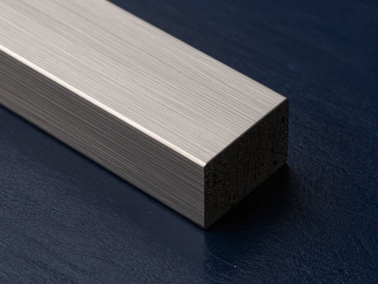 Close-up macro of premium materials, brushed steel resting against dark navy lacquered wood, sharp geometric lines, hard side light.