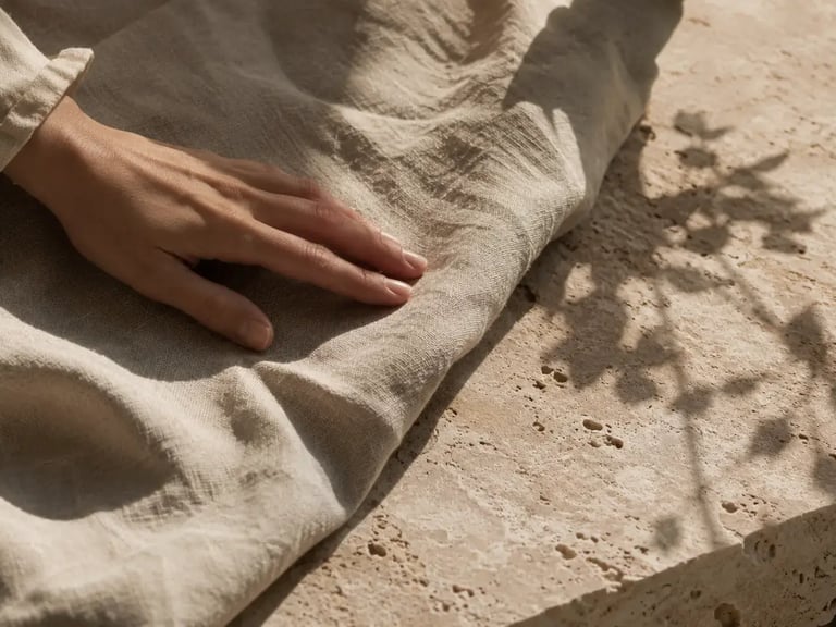 Piano materico in travertino chiaro con una mano di donna che sfiora un tessuto in lino grezzo