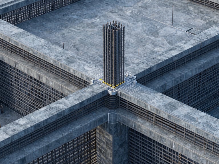High-resolution BIM model screenshot showing complex multi-layered structural rebar joints in cool slate blue, crisp technical grid lines, architectural precision