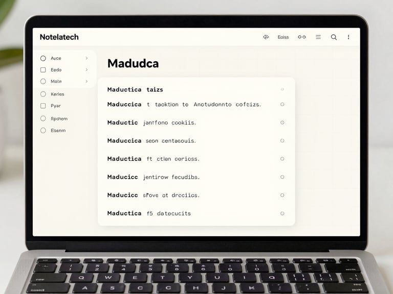 Straight-on clean UI mockup of the Notelatech editor, displaying markdown formatting on a crisp off-white background with subtle gray grid lines and a mechanical keyboard visible at the bottom edge.
