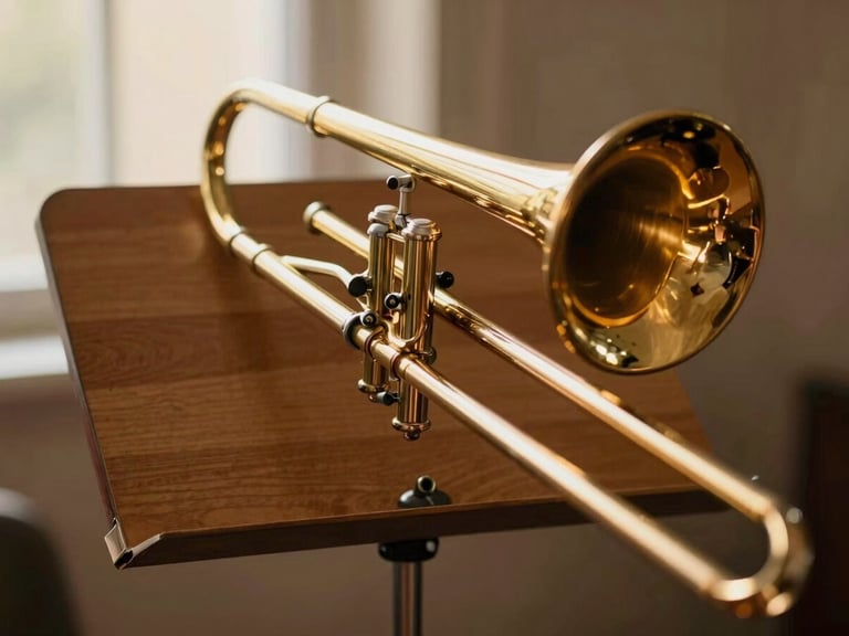 A warm brass trombone resting on a wooden music stand, soft golden-hour light highlighting the metallic reflections, shallow depth of field