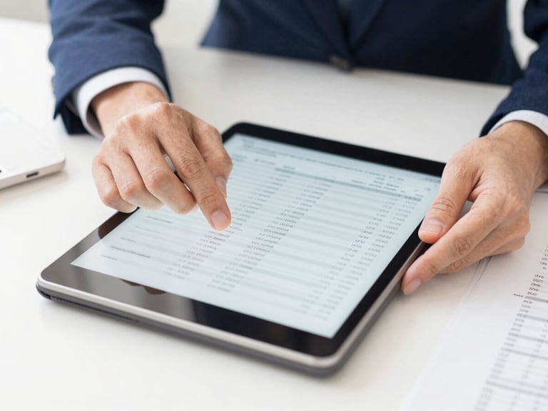 Close-up of hands reviewing structured financial data on a tablet and paper, clean overhead desk setup, modern office environment, bright daylight.