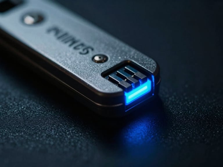 Macro close-up of a hardware security key with cool blue terminal glow, low-key lighting, sharp technical details, 35mm