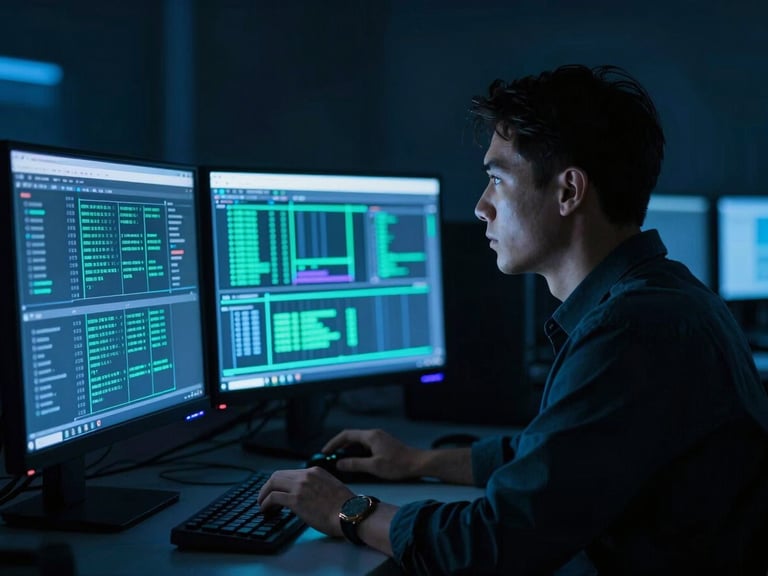 Low-light cinematic photo of a cybersecurity operator in profile, illuminated only by the cool blue and green glow of terminal monitors, high-contrast shadows, 35mm lens.