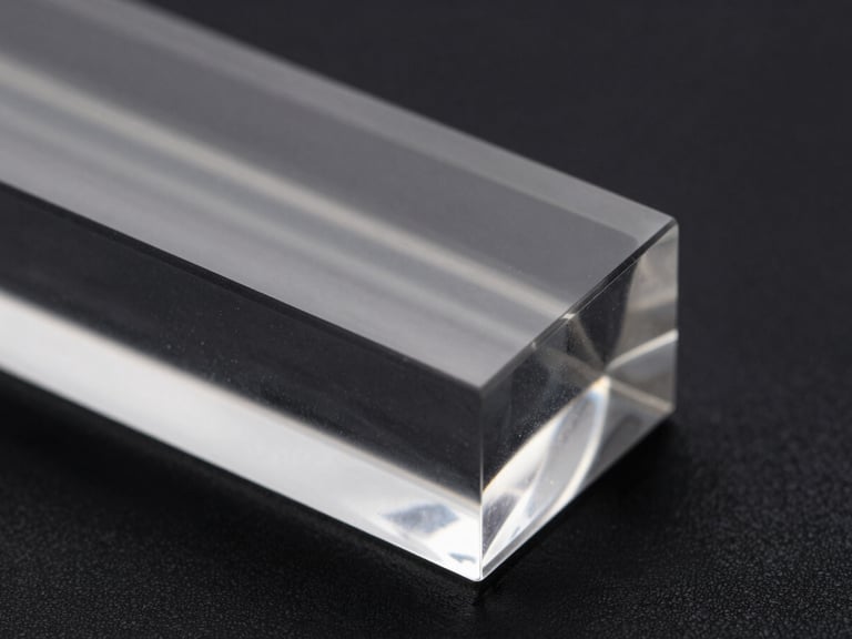 Macro studio shot of a molded transparent polymer block with sharp geometric edges, glossy reflections, deep black background