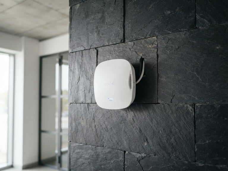 Sleek wall-mounted white enterprise access point on a dark slate wall, clean architectural daylight, sharp focus, technical photography
